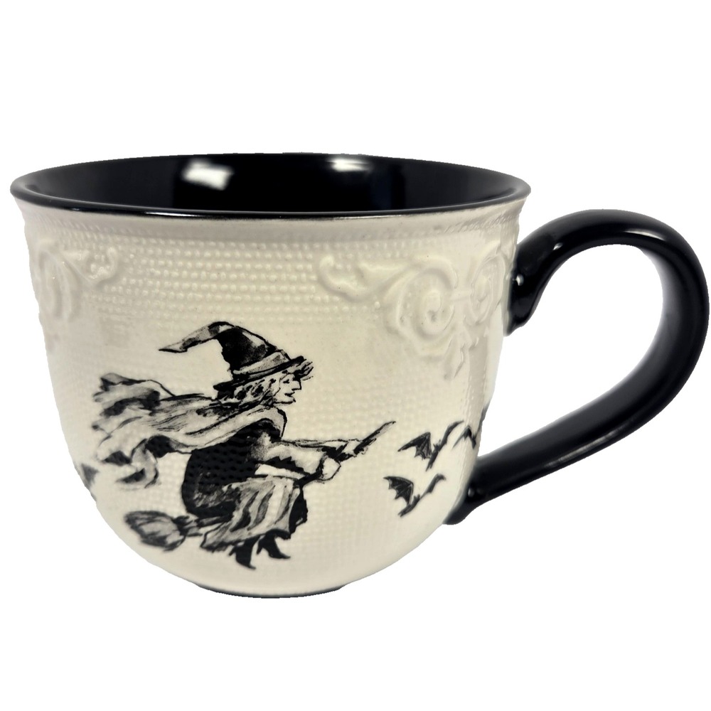 Cobwebs & Cauldrons Witch Bats Mug Halloween Ceramic Coffee Cup Ivory Black NEW